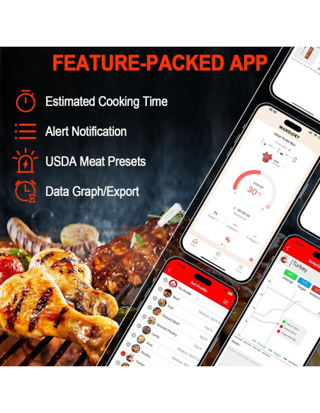 Termómetro de Carne Inalámbrico WANDiORY Bluetooth IPX8 Termómetro de Carne Inalámbrico WANDiORY Bluetooth IPX8