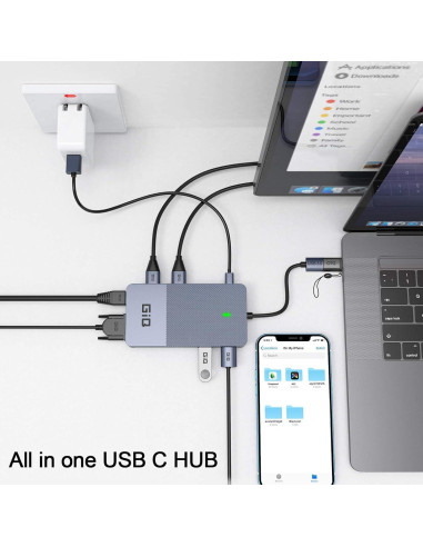 Estación de Acoplamiento USB C GIQ D3908 HDMI VGA 11 en 1 Gris