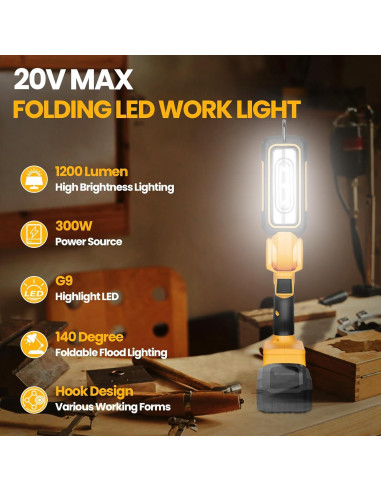 Luz de trabajo LED YAWV 20V MAX 1000 lúmenes ajustable