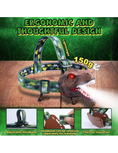 Linterna Frontal Dinosaurio Nitigo Recargable LED 10cm