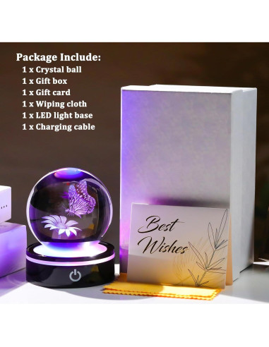 Bola de Cristal 3D YWHL Mariposa y Flor con Base LED
