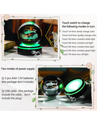 Esfera de Cristal 3D Tiburón YWHL con Base LED Colorida