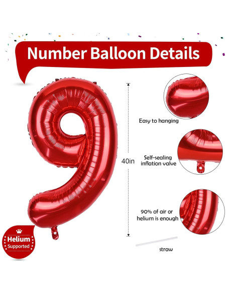 Globo Gigante Número 9 Rojo 101,6 cm para Cumpleaños Globo Gigante Número 9 Rojo 101,6 cm para Cumpleaños