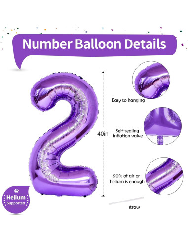 Globo de Número 2 Morado 101,6 cm para Cumpleaños