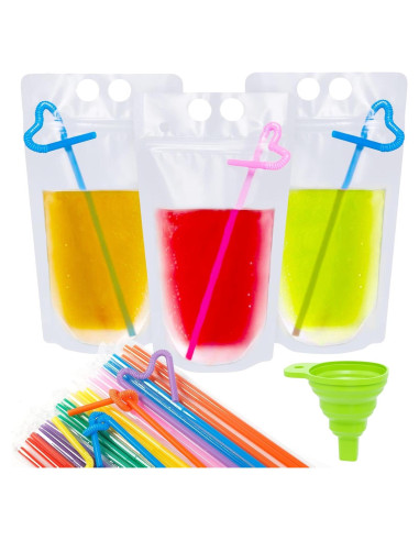 50 Bolsas de Bebida Reutilizables Ouddy 500ml con Pajillas