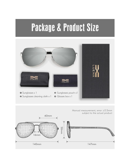 Gafas de sol LUENX Aviador Polarizadas UV400 Metal Plata Gafas de sol LUENX Aviador Polarizadas UV400 Metal Plata