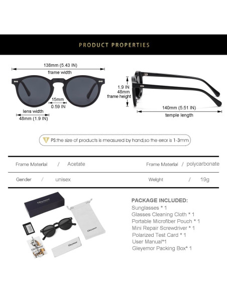 Gleyemor Gafas de Sol Polarizadas Redondas UV400 Marco Negro Gleyemor Gafas de Sol Polarizadas Redondas UV400 Marco Negro