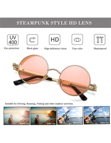 Gafas de sol redondas steampunk HJSUN10 unisex 46mm