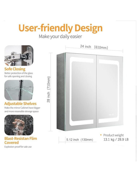 Espejo LED iluminado Janboe 60.96x71.12 cm con estantes Espejo LED iluminado Janboe 60.96x71.12 cm con estantes