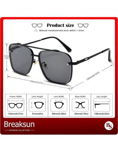 Gafas de sol cuadradas Breaksun UV400 unisex marco negro