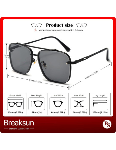 Gafas de sol cuadradas Breaksun UV400 unisex marco negro Gafas de sol cuadradas Breaksun UV400 unisex marco negro