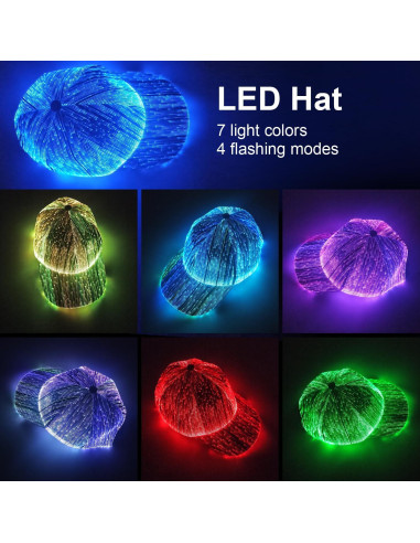 Gorra LED de fibra óptica EDC negra con 7 colores y USB