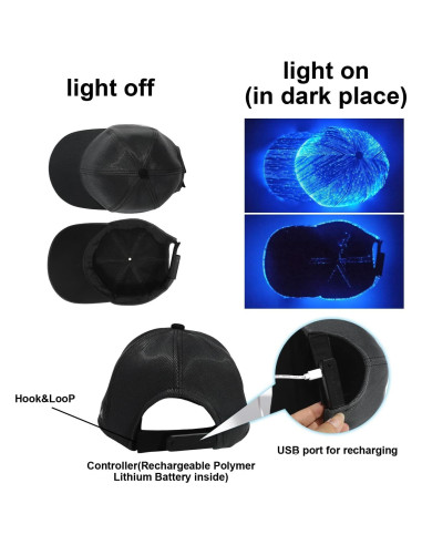 Gorra LED de fibra óptica EDC negra con 7 colores y USB