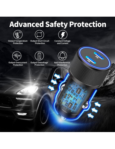 Cargador de coche Linocell 60W USB C dual + 2 cables Lightning
