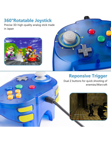 Controlador KIWITATA N64 Mejorado con Cable Azul Claro