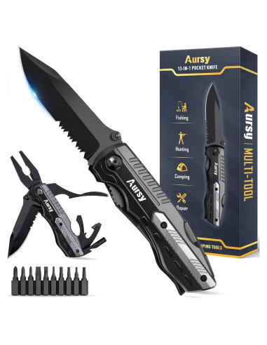 Cuchillo Multiherramienta Aursy 13 en 1 Plegable Negro