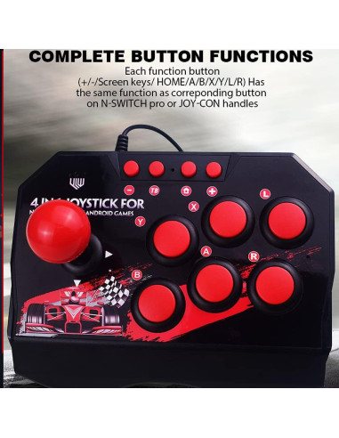 Joystick con Cable CUIFATI para Videojuegos, 6 Botones, Negro y Rojo