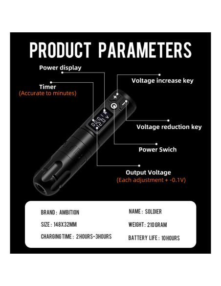 Máquina de Tatuaje Ambition Soldier Batería 2400mAh LED Máquina de Tatuaje Ambition Soldier Batería 2400mAh LED