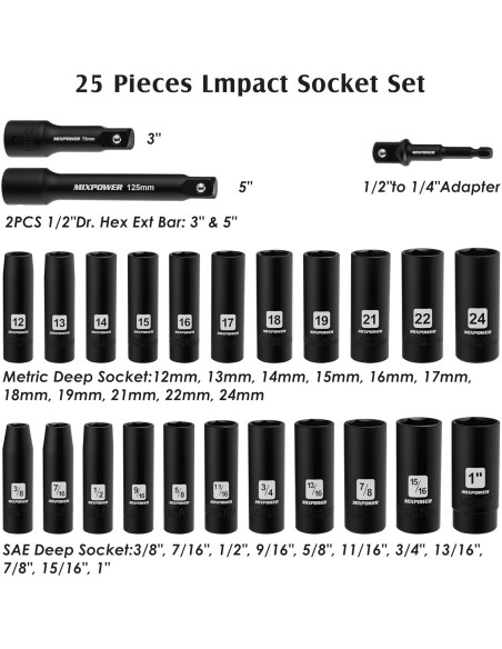 Juego de 25 Piezas de Impacto MIXPOWER 1/2" CR-V Métrico/SAE Juego de 25 Piezas de Impacto MIXPOWER 1/2" CR-V Métrico/SAE