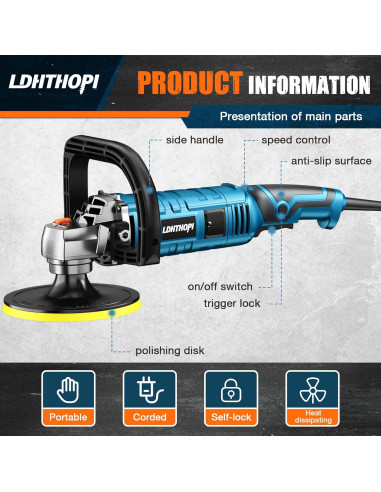 Pulidor Rotativo LDHTHOPI 1600W 7" 7 Velocidades