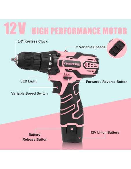 Taladro Inalámbrico COMOWARE Rosa 12V 23 Piezas con Luz LED Taladro Inalámbrico COMOWARE Rosa 12V 23 Piezas con Luz LED
