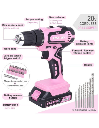 Juego de Herramientas 232 Piezas Taladro 20V Rosa FUTE