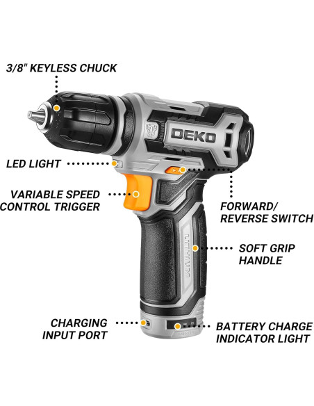 Taladro Inalámbrico DEKO PRO 12V con Luz LED y Accesorios Taladro Inalámbrico DEKO PRO 12V con Luz LED y Accesorios