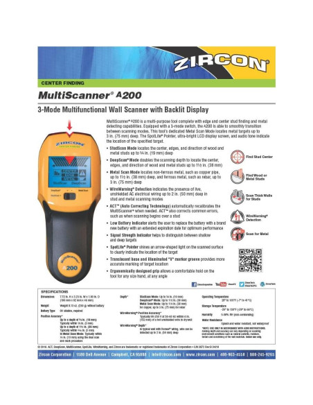 Escáner de Pared Zircon MultiScanner A200 Detección Metales Escáner de Pared Zircon MultiScanner A200 Detección Metales