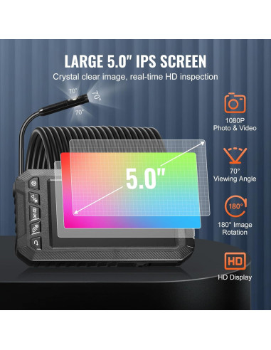 Cámara Endoscópica VEVOR 1080P con Pantalla de 5" y Luz