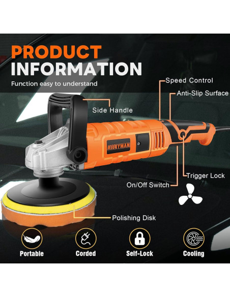 Pulidor de Coche Alloyman 1200W 7 Velocidades 3000 RPM Pulidor de Coche Alloyman 1200W 7 Velocidades 3000 RPM