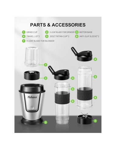 Batidora Personal Yabano 500W con Botellas 2x600ml y Molinillo