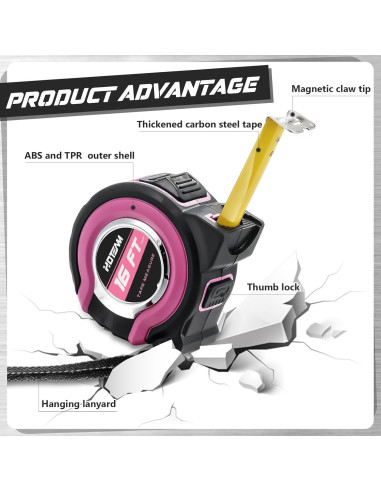 Cinta Métrica Retráctil Hoteam 2 Pcs 4.88m Rosa con Bloqueo