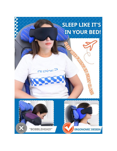 Almohada de viaje ergonómica SARISUN con máscara ocular azul