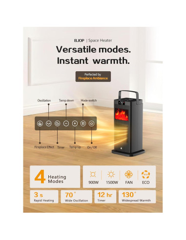 Calentador de Espacio Eléctrico BJOP 1500W PTC Portátil con Efecto Llama