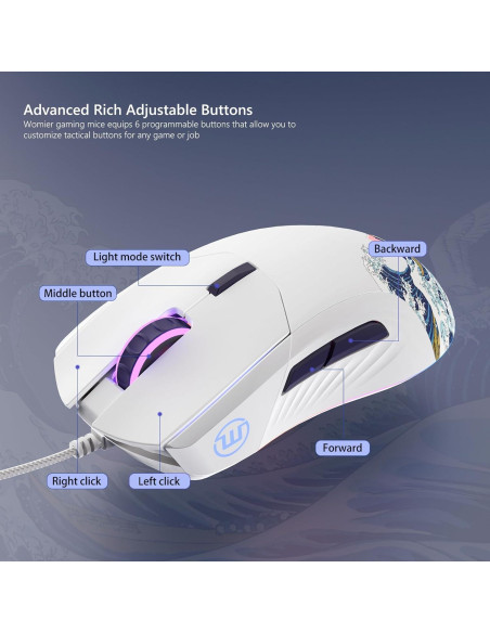 Ratón Gaming Womier Kanagawa RGB Blanco 12000DPI 6 Botones Ratón Gaming Womier Kanagawa RGB Blanco 12000DPI 6 Botones