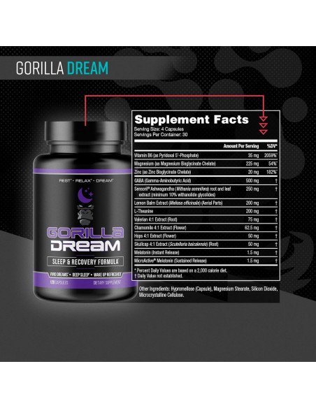 Suplemento de Sueño Gorilla Mind Dream 120 Cápsulas - GABA, Melatonina, Ashwagandha Suplemento de Sueño Gorilla Mind Dream 120 Cápsulas - GABA, Melatonina, Ashwagandha