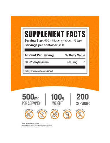 Polvo de DL-Fenilalanina 500mg BulkSupplements 100g