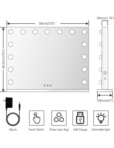 Espejo de Tocador Iluminado Gvnkvn 46x58cm 15 LED USB Espejo de Tocador Iluminado Gvnkvn 46x58cm 15 LED USB