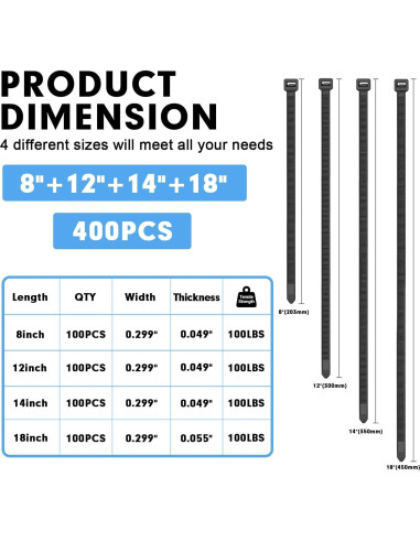 Bridas de Plástico RAZCC 400 Piezas 20-46 cm Negras