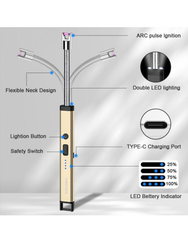 Encendedor Eléctrico ARECTECH Recargable USB Dorado 10,41 cm