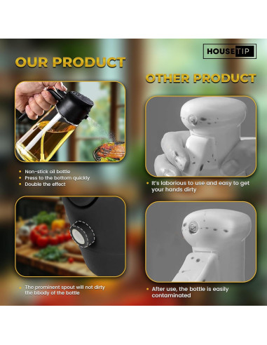 Dispensador de Aceite Housetip 500 ml Vidrio Rociador y Vertedor