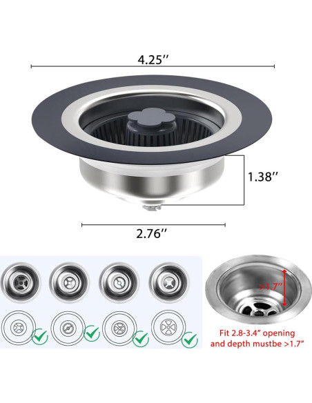 Colador y tapón de desagüe WSYLEN 3 en 1 acero inoxidable Colador y tapón de desagüe WSYLEN 3 en 1 acero inoxidable