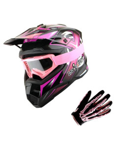 Casco de Motocross Power Gear HF801 Rosa + Gafas + Guantes