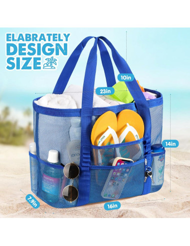 Bolsa de Playa de Malla KPX Azul Marino con 9 Bolsillos