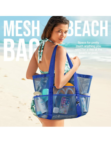 Bolsa de Playa de Malla KPX Azul Marino con 9 Bolsillos