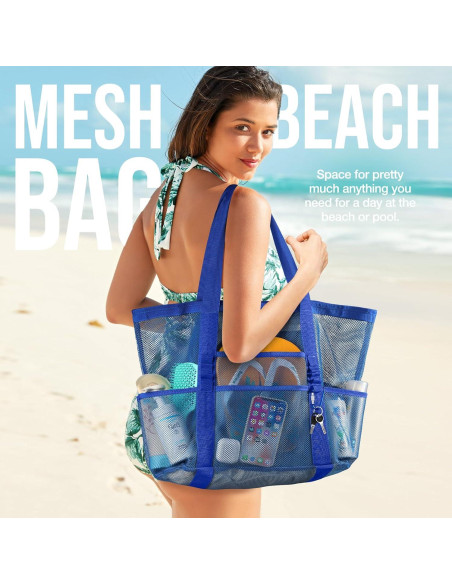 Bolsa de Playa de Malla KPX Azul Marino con 9 Bolsillos Bolsa de Playa de Malla KPX Azul Marino con 9 Bolsillos
