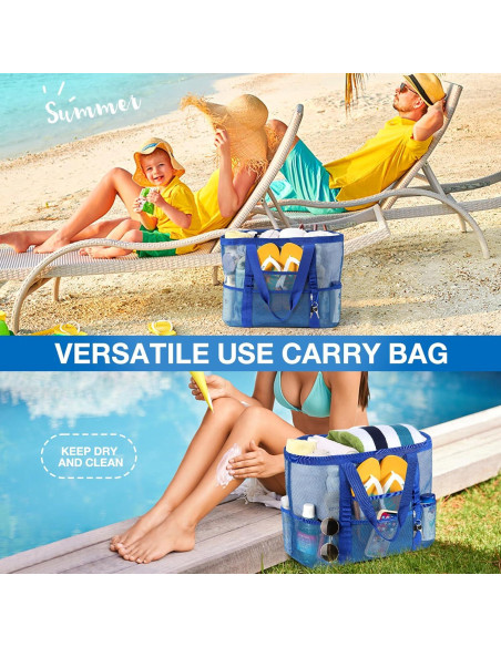 Bolsa de Playa de Malla KPX Azul Marino con 9 Bolsillos Bolsa de Playa de Malla KPX Azul Marino con 9 Bolsillos