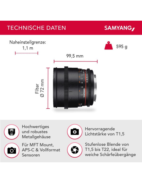 Lente Samyang 85mm T1.5 VDSLR II Micro Cuatro Tercios Lente Samyang 85mm T1.5 VDSLR II Micro Cuatro Tercios