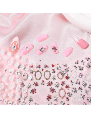 Calcomanías de Uñas Josojoou 3PCS Flores Rosa Vintage