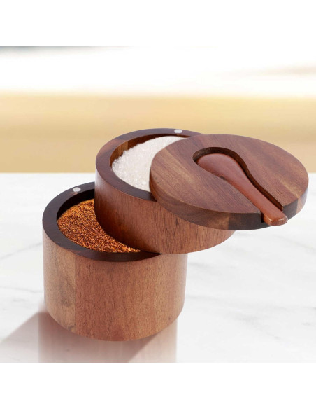 Cajón de Sal de Madera de Acacia Lainiute 2 Capas con Cuchara Cajón de Sal de Madera de Acacia Lainiute 2 Capas con Cuchara